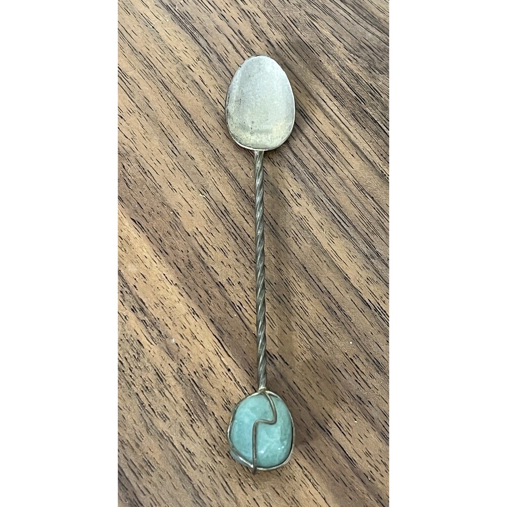 Handmade Snuff / Baby Spoon With Amazon Jade Accent Stone Handle Vintage Boho